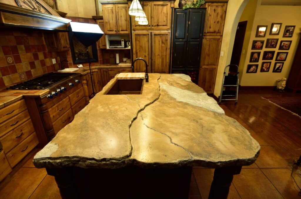 Long and wide kitchen countertop island with custom marbling - Idaho Falls concrete countertops KreteworX.