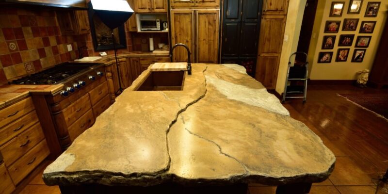 Long and wide kitchen countertop island with custom marbling - Idaho Falls concrete countertops KreteworX.